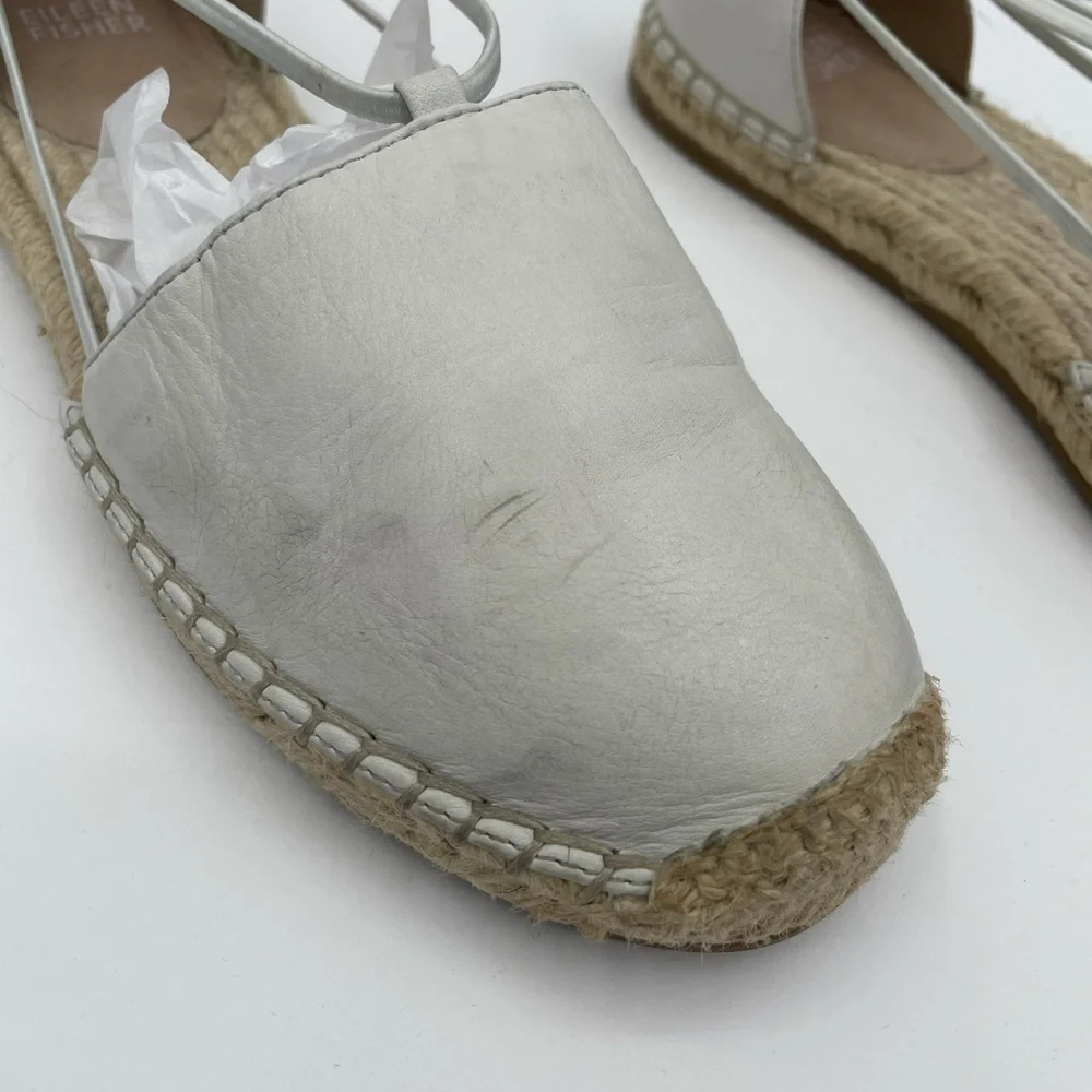 Eileen fisher 8.5 off white woman leather espadrille strap flats boho coastal